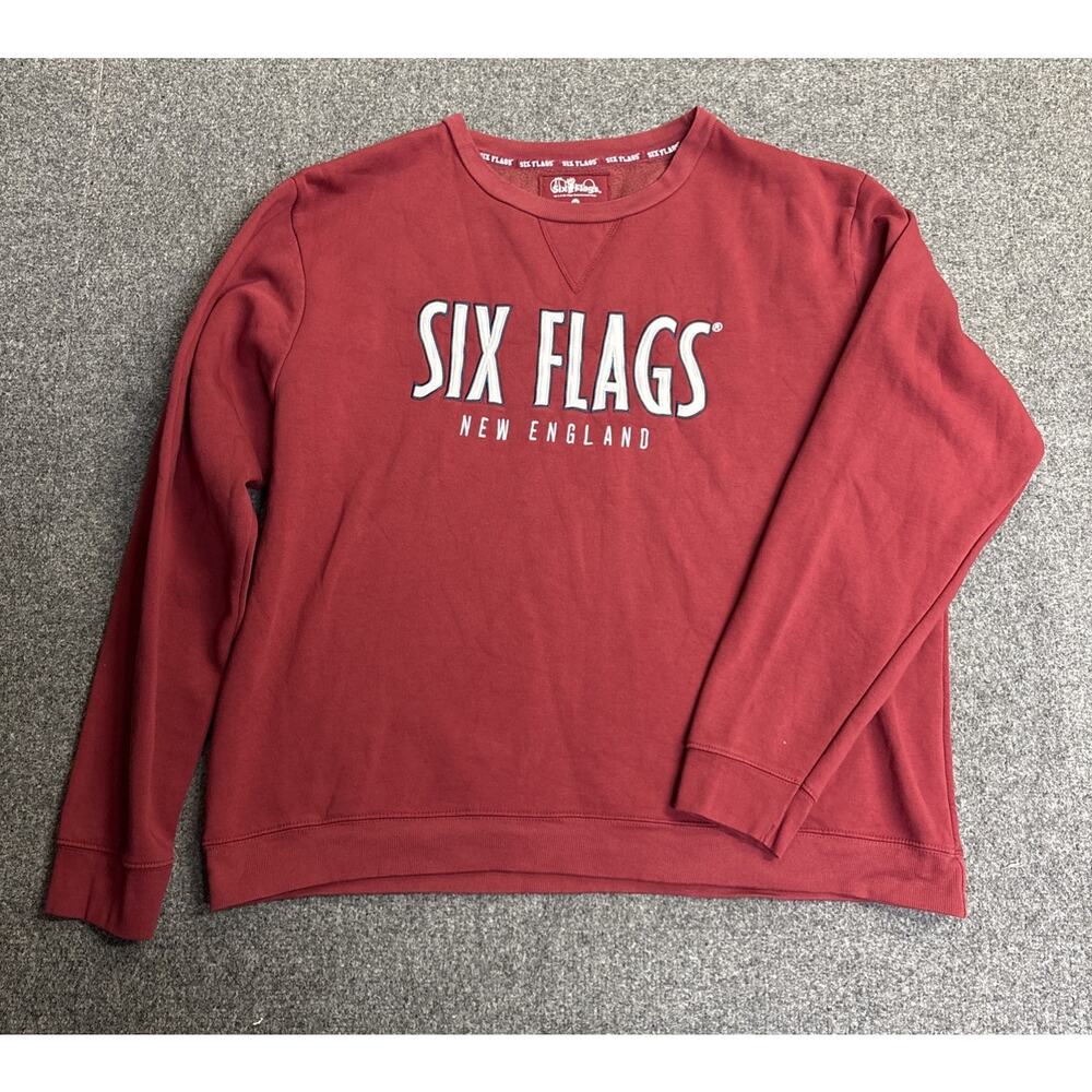 SIX FLAGS Embroidered Pullover SWEATSHIRT Red 2XL Crew Neck